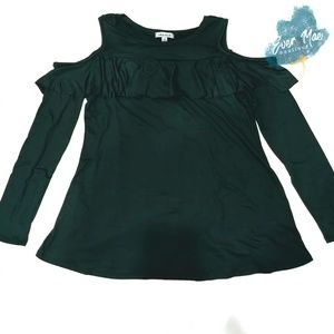 COLD SHOULDER LONG SLEEVE KNIT TOP WITH RUFFLE DET